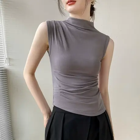 半高领无袖背心女装2025春季修身显瘦纯色百搭西装内搭4打底衫商品大图
