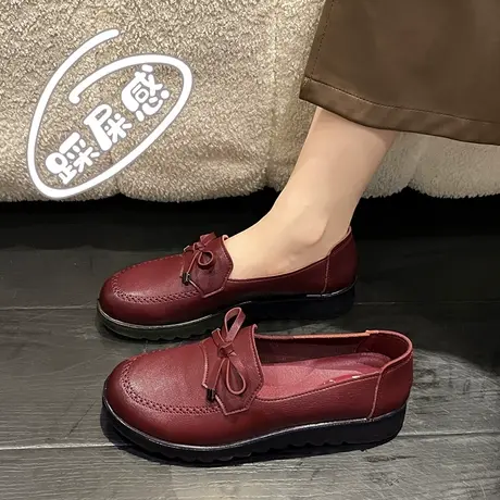 老北京皮鞋女休闲单鞋春秋软底舒适红色妈妈鞋防水防滑豆豆鞋真皮商品大图
