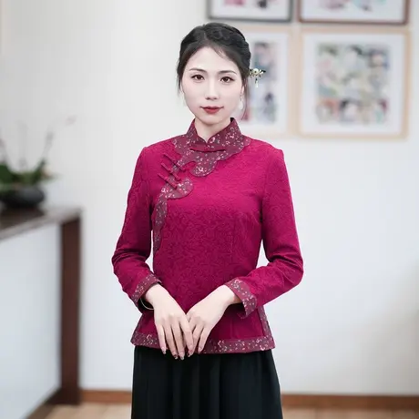 筠雅唐装女装中国风年轻款旗袍复古时尚显瘦盘扣长袖上衣 24J088商品大图
