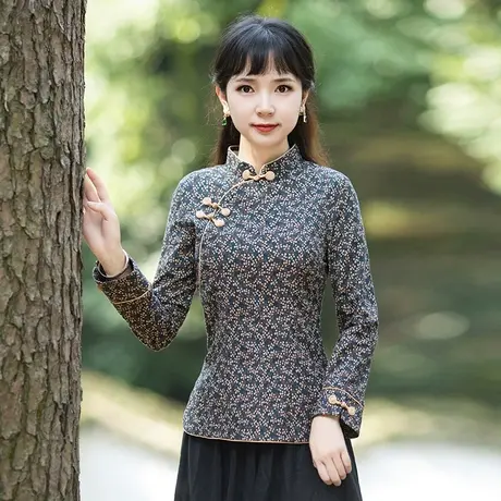 筠雅棉麻唐装女装中国风改良旗袍上衣棉麻长袖复古中式盘扣秋装商品大图