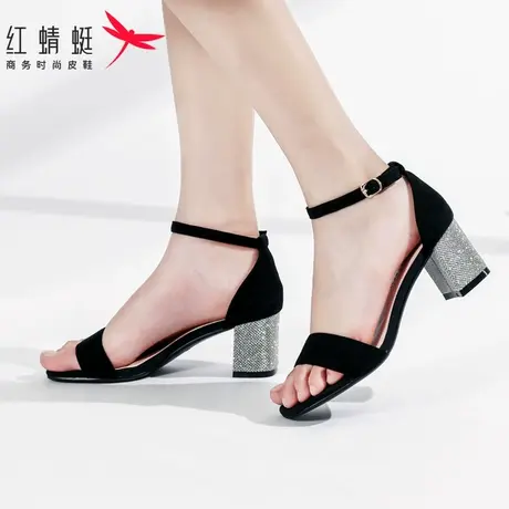 红蜻蜓女鞋女凉鞋夏款新款水钻粗跟软面软底舒适百搭时尚休闲凉鞋商品大图