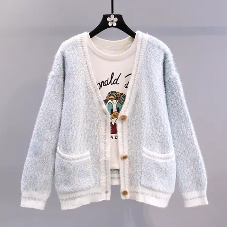 撞色仿貂绒毛衣外套女秋冬2023年新款韩版宽松慵懒风外穿针织开衫图片