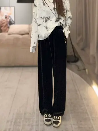 黑色金丝绒阔腿裤高腰宽松休闲拖地裤直筒裤慵懒垂感裤子女秋装潮商品大图
