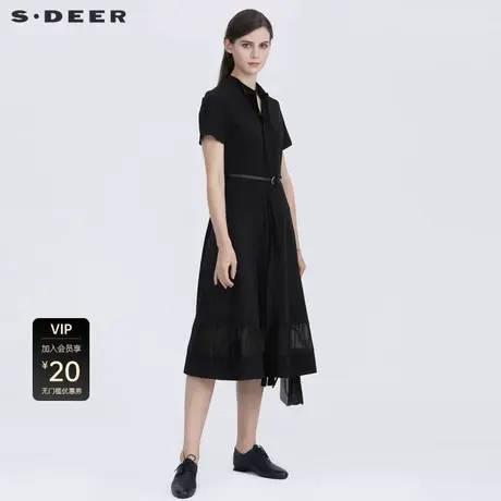 sdeer圣迪奥女装优雅V领收腰欧根纱拼接短袖连衣裙S21261235图片