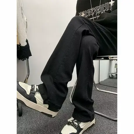 美式高街黑色牛仔裤男新款潮牌纯色微喇裤oversize休闲直筒长裤子商品大图