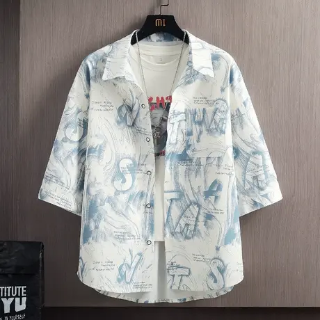 冰丝短袖衬衫男士夏季字母印花七分袖衬衣男青少年宽松休闲上衣服商品大图