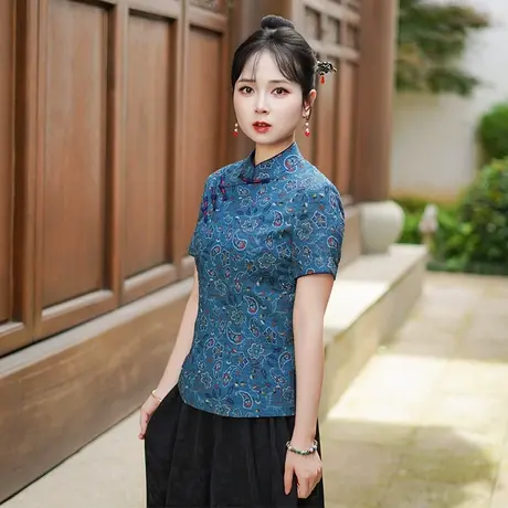 筠雅夏季新款新中式国风蓝色上衣民国复古唐装女装薄款短袖25J168商品大图