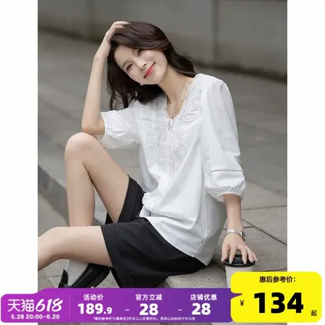 唐狮白色衬衫女短袖2025夏季新款气质百搭衬衣女休闲V领上衣夏dmn商品大图