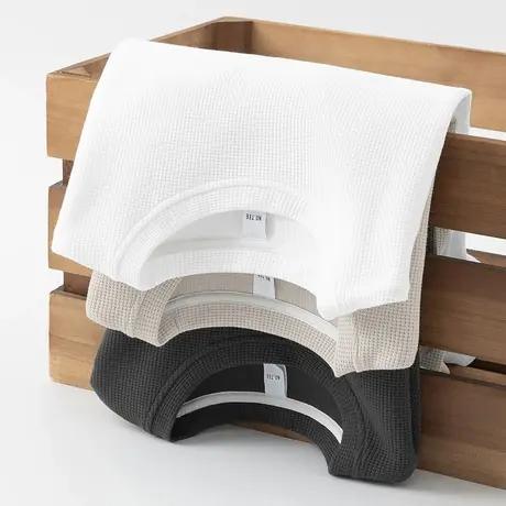 华夫格卫衣男秋冬季保暖加绒加厚圆领纯色白色无帽上衣服长袖t恤商品大图