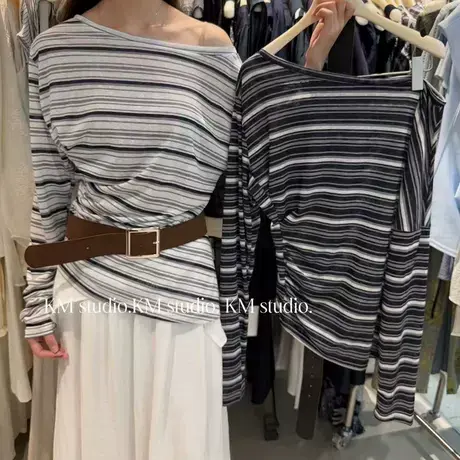 十三行2025秋季新款韩版斜肩条纹长袖t恤女宽松显瘦休闲百搭上衣商品大图