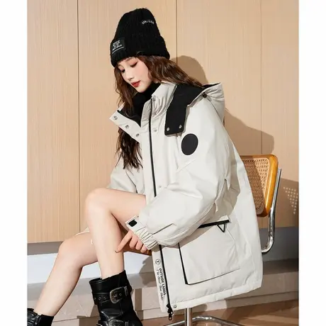 【防水】唐狮撞色连帽羽绒服女2024冬季新款爆款工装外套派克服商品大图