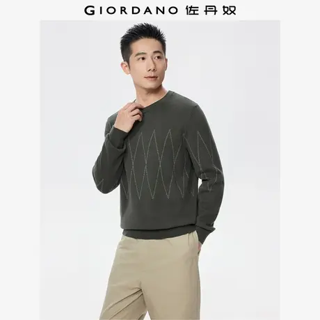 佐丹奴几何图案毛衣男装秋冬新款纯棉撞色线条圆领针织衫01055715商品大图