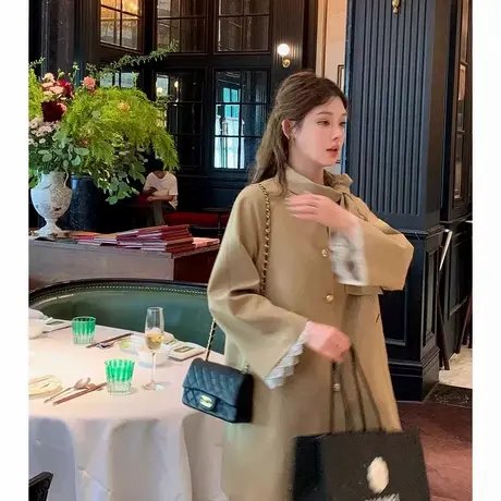 爵莱菲大码法式千金风蝴蝶结飘带风衣外套女小个子卡其色大衣早秋图片