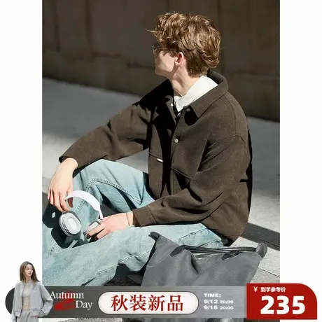 唐狮2025秋冬季毛呢外套男翻领肌理面料短款黑色帅气潮流秋季穿搭商品大图