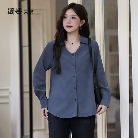 绮娑大码复古蓝色衬衫女2025秋冬装新款长袖衬衣显瘦胖MM上衣开衫商品大图