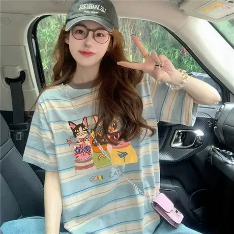 复古韩版条纹短袖t恤女夏季2025新款宽松大码女装撞色卡通上衣服商品大图