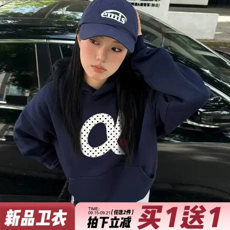 韩系学院风设计感字母印花藏蓝色连帽卫衣女2025秋季新款宽松上衣商品大图