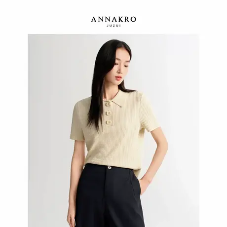 【舒适通勤】玖姿安娜蔻坑条肌理莱赛尔短袖针织衫女2026春季新款商品大图