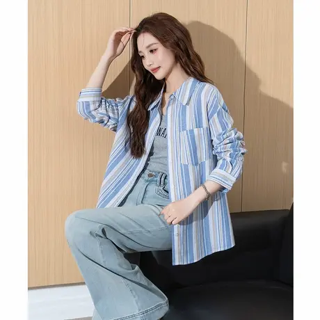 唐狮秋冬女翻领条纹长袖撞色衬衫气质休闲百搭上衣时尚韩版上新tu图片