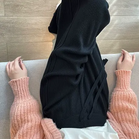 黑色开叉针织阔腿裤女秋冬新款高腰宽松垂感直筒慵懒风拖地休闲裤商品大图