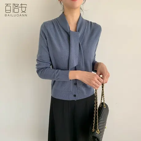 百洛安蝴蝶结系带针织开衫女秋新款小众别致宽松休闲长袖毛衣外套图片