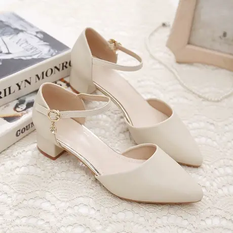 【真皮】凉鞋女2023新款洋气夏季包头仙女淑女一字扣中跟粗跟女鞋商品大图