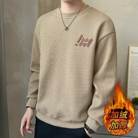 加绒加厚卫衣男秋冬款潮牌刺绣打底t恤男圆领内搭青少年保暖秋衣T商品大图