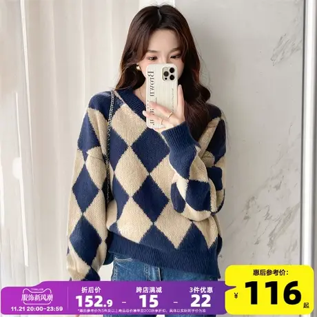 唐狮2023秋冬新款女设计感小众慵懒风菱形格V领套头日系毛线衫PO商品大图