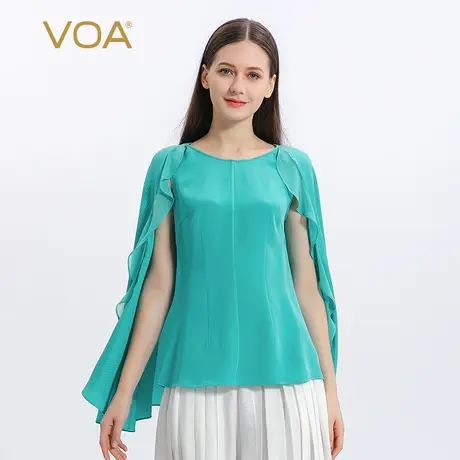 VOA30姆米重磅真丝圆领蝙蝠袖拼接乔其荷叶边百搭宽松桑蚕丝T恤图片