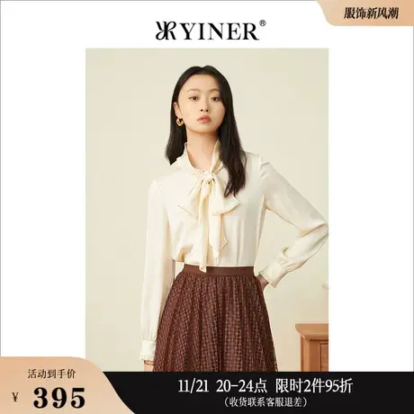 YINER音儿女装春季花瓣袖蝴蝶系带领衬衫上衣图片