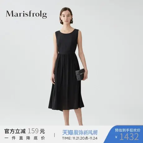玛丝菲尔2022年夏新桑蚕丝黑色中长款收腰连衣裙图片