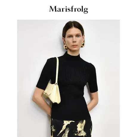 【轻密针织】玛丝菲尔秋季黑色高领肌理感修身针织衫商品大图