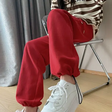 红色阔腿运动裤女2024年春秋新款高腰显瘦小个子休闲抽绳束脚卫裤商品大图