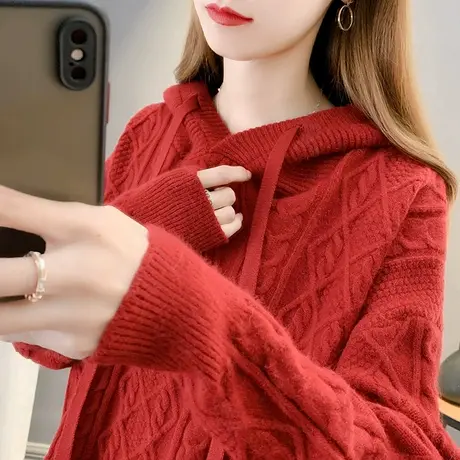 连帽麻花针织衫秋季2023新款女装宽松韩版套头纯色长袖上衣外搭商品大图