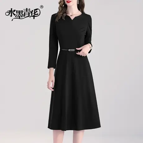 【1件7.9折】连身裙秋装新款百搭打底小黑裙时尚中长款修身连衣裙图片