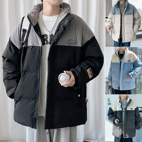 秋冬季棉衣男新款加厚保暖拼色休闲棉袄大码宽松立领开衫棉服外套商品大图