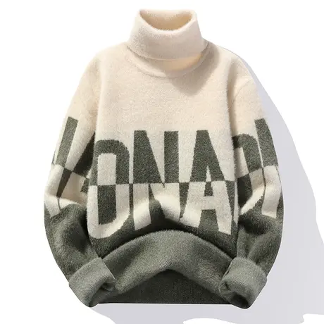 水貂绒一体绒高领毛衣男士秋冬季打底针织衫潮流加厚保暖线衣男装商品大图