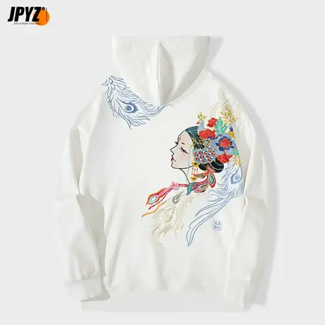 白色连帽卫衣男2022新款秋冬季帽衫oversize国潮刺绣潮流宽松上衣商品大图