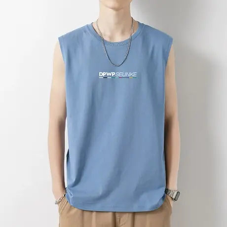 2024新款纯棉背心男士无袖t恤夏季字母印花跨栏篮球健身运动坎肩商品大图