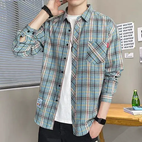 日系复古格子长袖衬衫男士宽松潮牌薄2023春秋季外穿衬衣男款外套商品大图