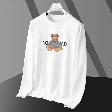 男士卫衣2023新款小熊无帽白色上衣宽松加绒圆领长袖t恤潮流百搭商品大图