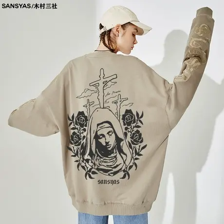 木村三社×救赎系列圣母祈祷刺绣卫衣男宽松长袖t恤高街ins潮圆领商品大图
