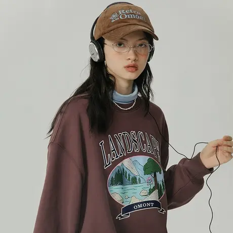 omont蛋挞家 圆领印花加绒卫衣女秋冬2022新款宽松休闲卫衣上衣商品大图