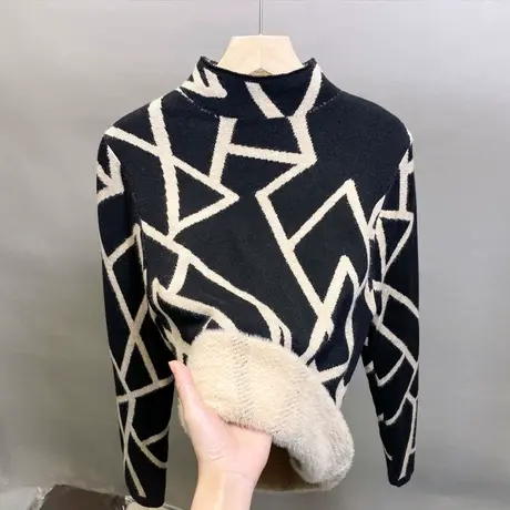 加绒半高领毛衣女一体绒内搭打底衫2023秋冬新款针织衫加厚上衣潮商品大图