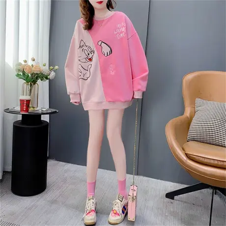 韩版卡通刺绣圆领卫衣女2023年新款春季宽松时尚洋气减龄拼色上衣商品大图