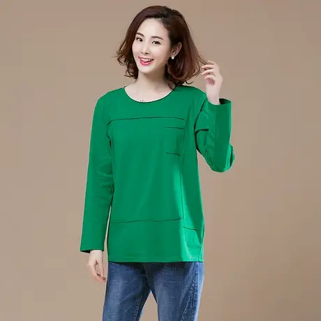 春秋季加肥加大码女装宽松T恤女全棉长袖纯色中长款绿色圆领体恤商品大图