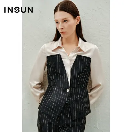 INSUN恩裳线上专选春季仿醋酸拼接条纹收腰衬衫商品大图