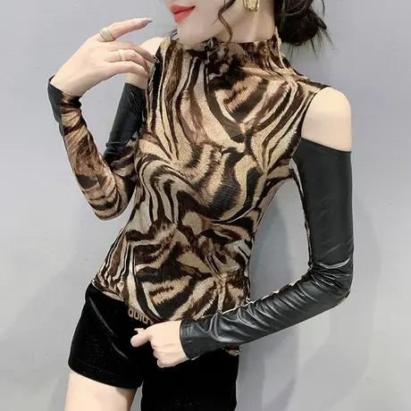 时尚豹纹打底衫女秋冬2024新款洋气性感露肩上衣网纱拼接T恤长袖商品大图