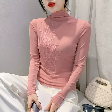 秋冬2024半高领T恤女加绒长袖性感网纱内搭上衣洋气修身打底衫ins商品大图