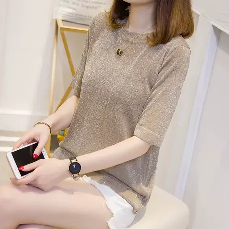 2022年款短袖女夏季冰丝针织衫t恤女ins超火亮丝打底衫针织上衣女商品大图